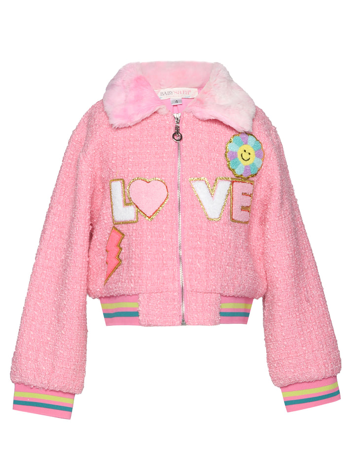 TWEED BOMBER JACKET W/ FAUX FUR COLLAR AND LOVE TRIM DETAIL