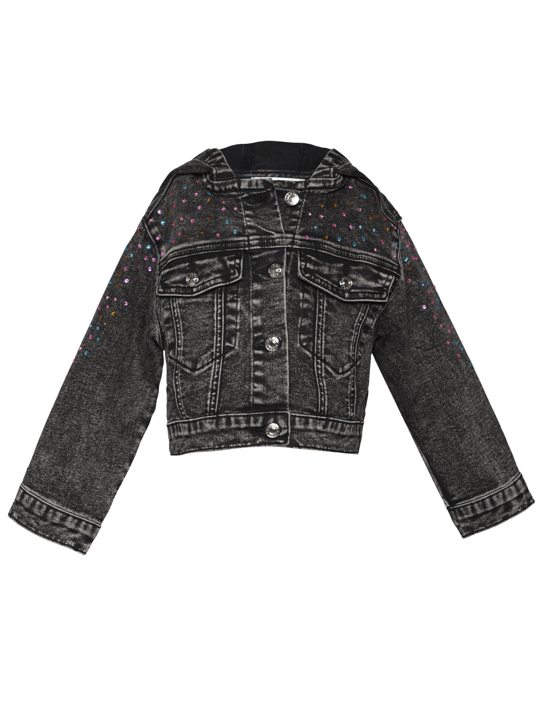 HOODED DENIM JACKET W/ RHINESTONE DETAIL