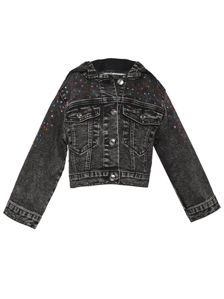 HOODED DENIM JACKET W/ RHINESTONE DETAIL