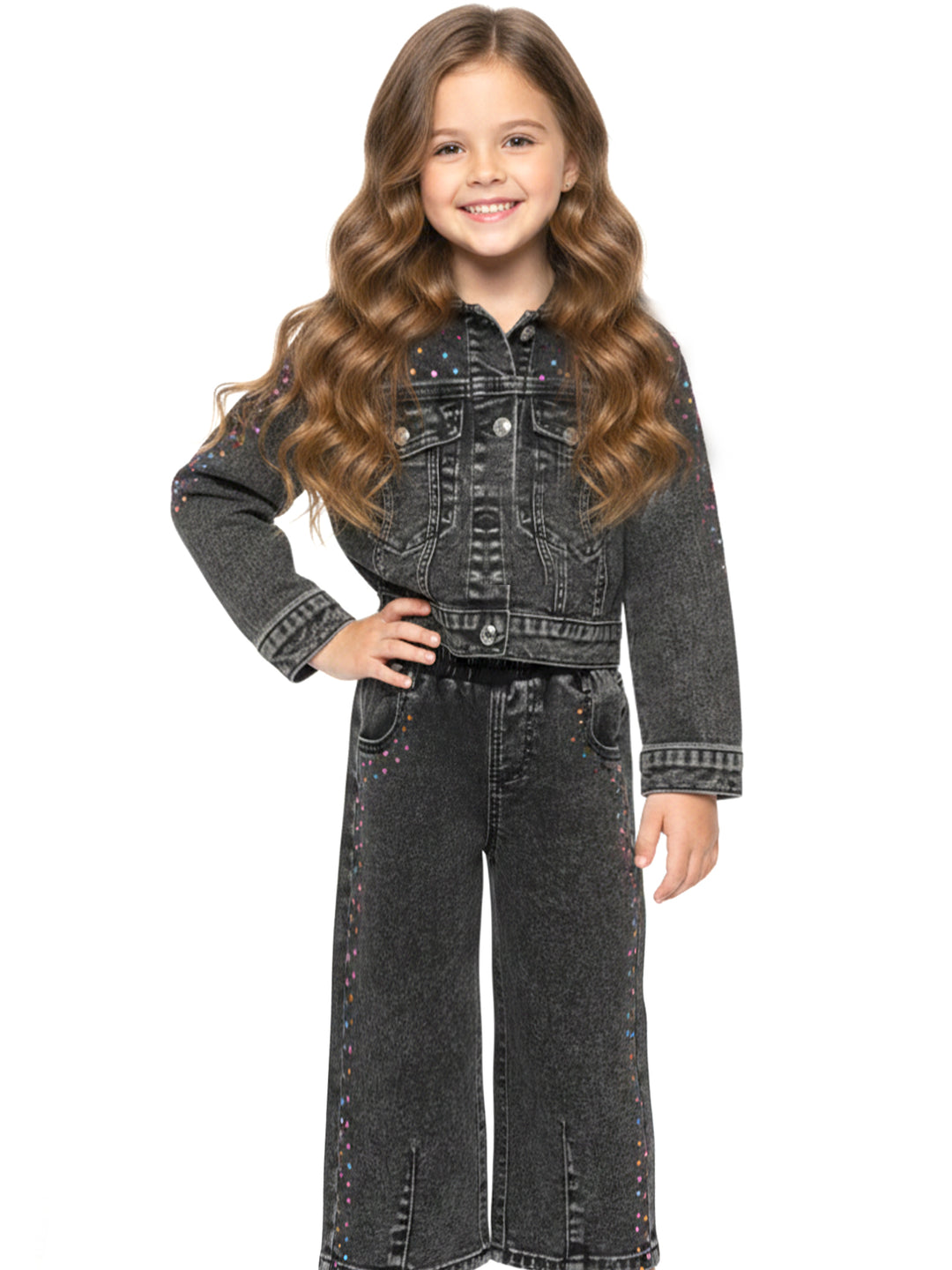 HOODED DENIM JACKET W/ RHINESTONE DETAIL