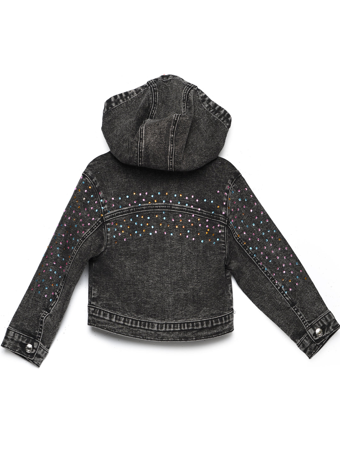 HOODED DENIM JACKET W/ RHINESTONE DETAIL