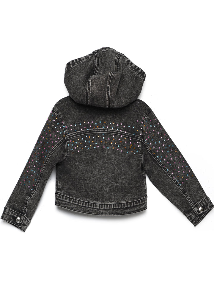 HOODED DENIM JACKET W/ RHINESTONE DETAIL