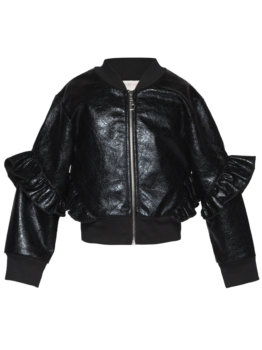 FAUX LEATHER RUFFLE BOMBER JACKET