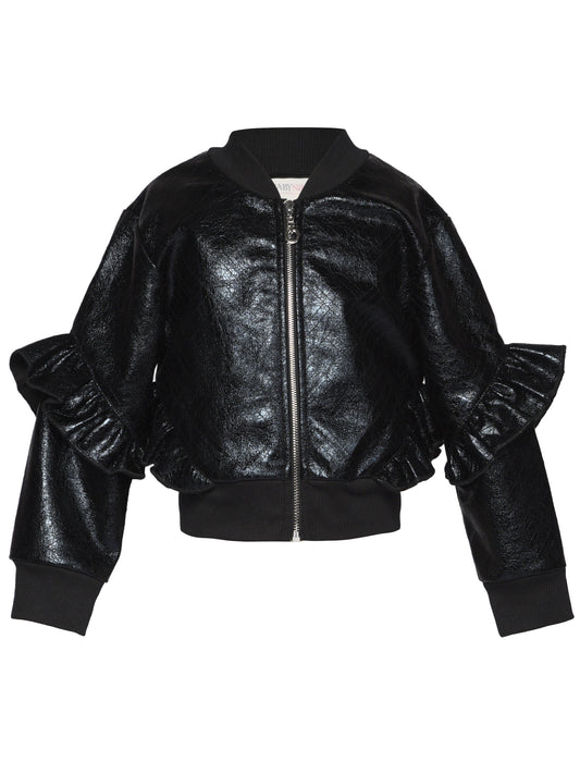 FAUX LEATHER RUFFLE BOMBER JACKET