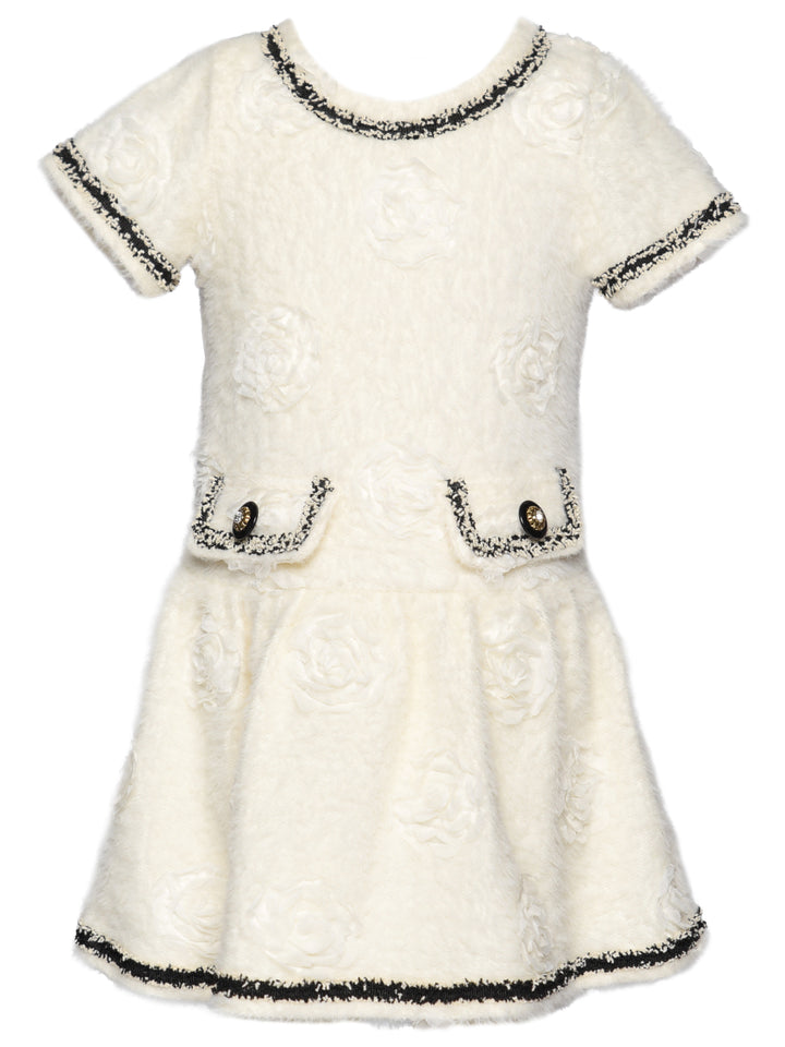 FUZZY 3D FLORAL FIT AND FLARE DRESS W/ CONTRAST TRIM DETAIL