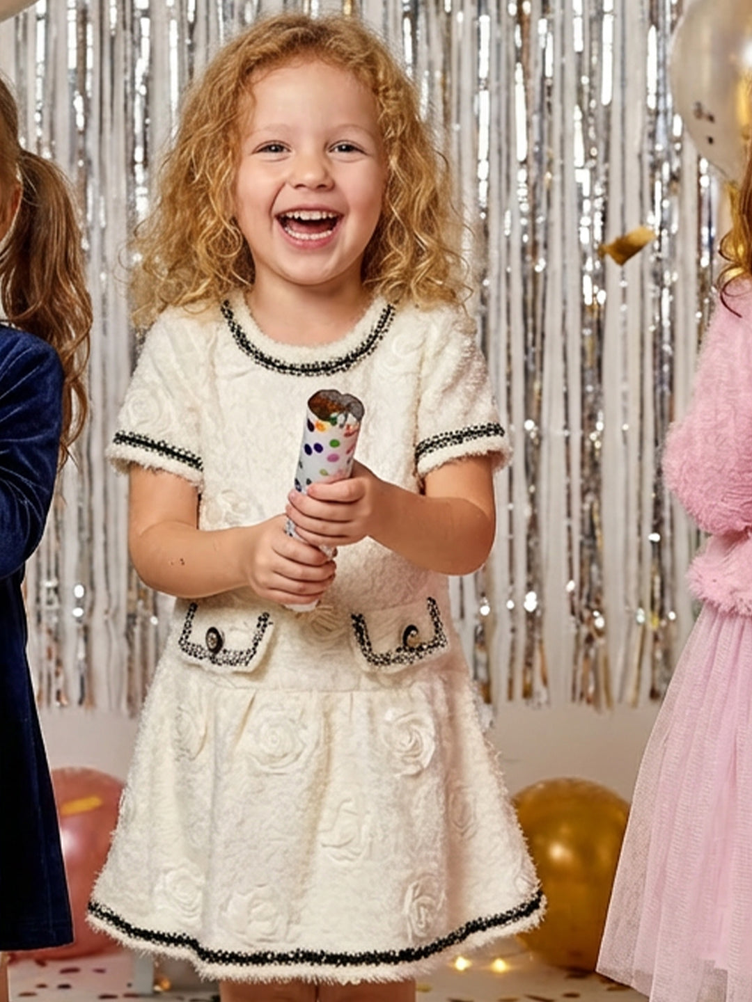 FUZZY 3D FLORAL FIT AND FLARE DRESS W/ CONTRAST TRIM DETAIL