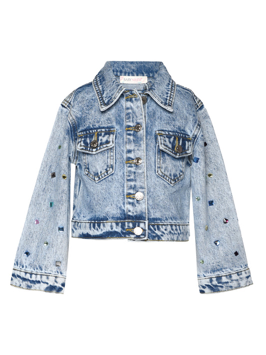 ACID WASH DENIM JACKET W/ RHINESTONES AT SLEEVES