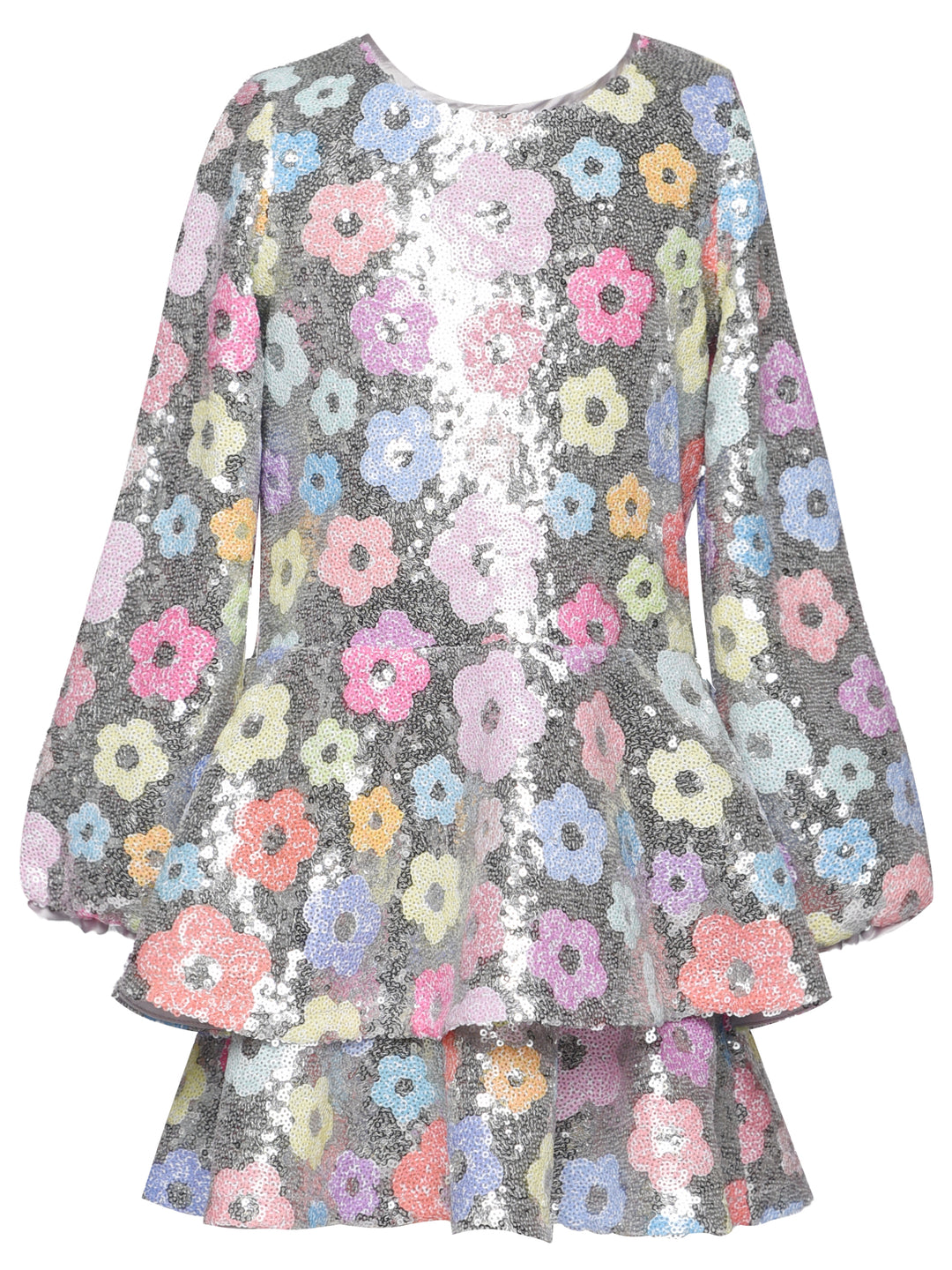 LONG SLEEVE FLOWER SEQUIN DRESS W/ TIERED SKIRT