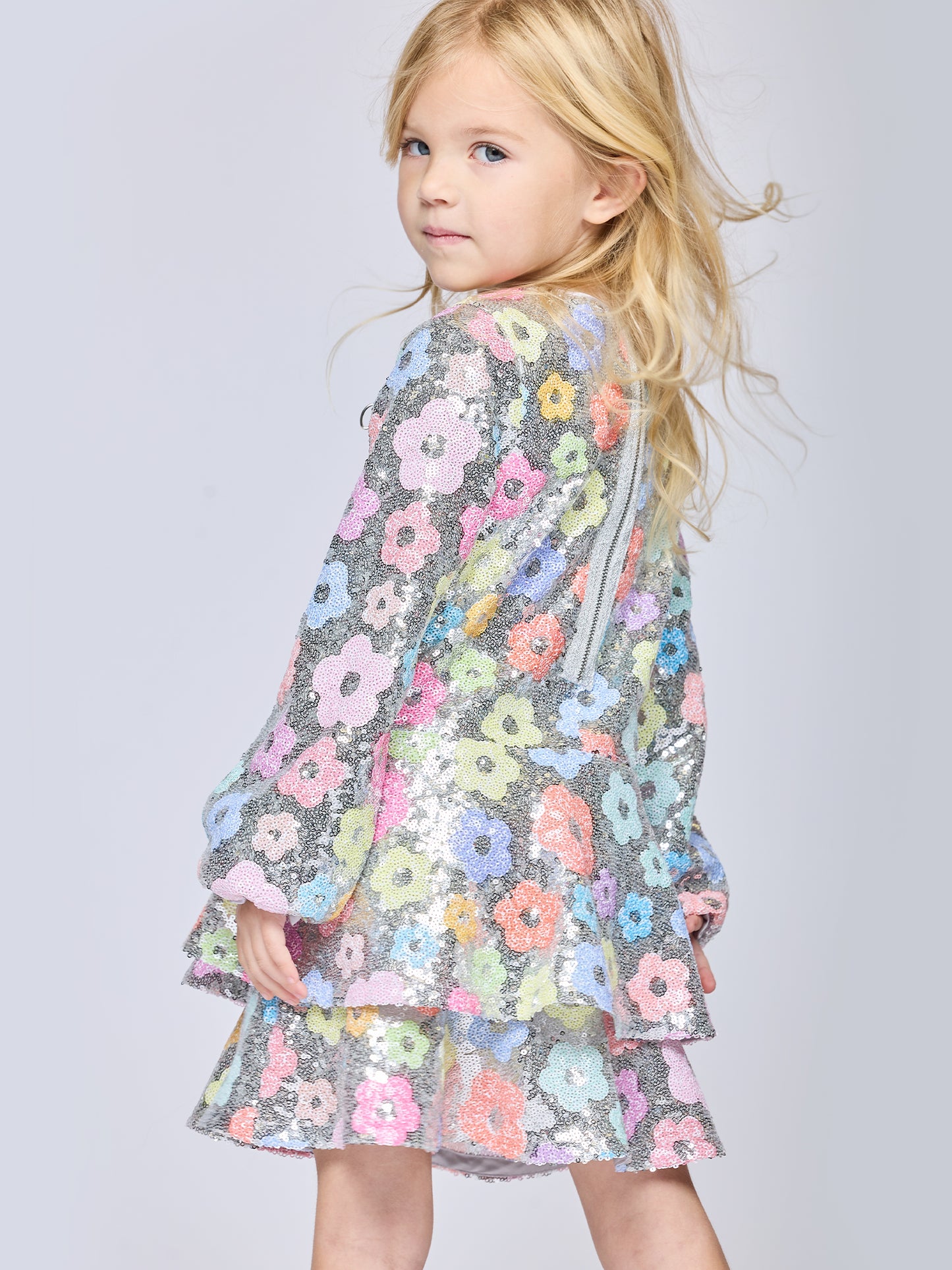 LONG SLEEVE FLOWER SEQUIN DRESS W/ TIERED SKIRT