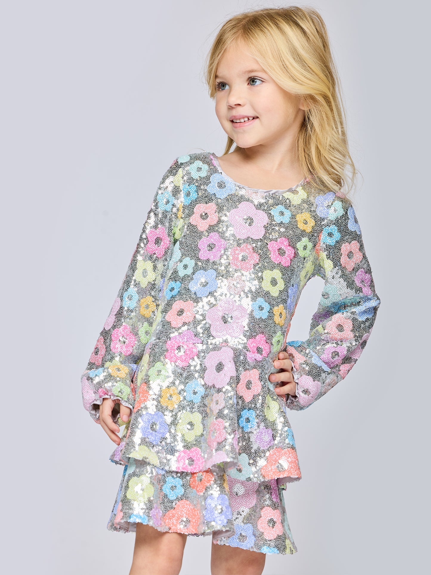 LONG SLEEVE FLOWER SEQUIN DRESS W/ TIERED SKIRT
