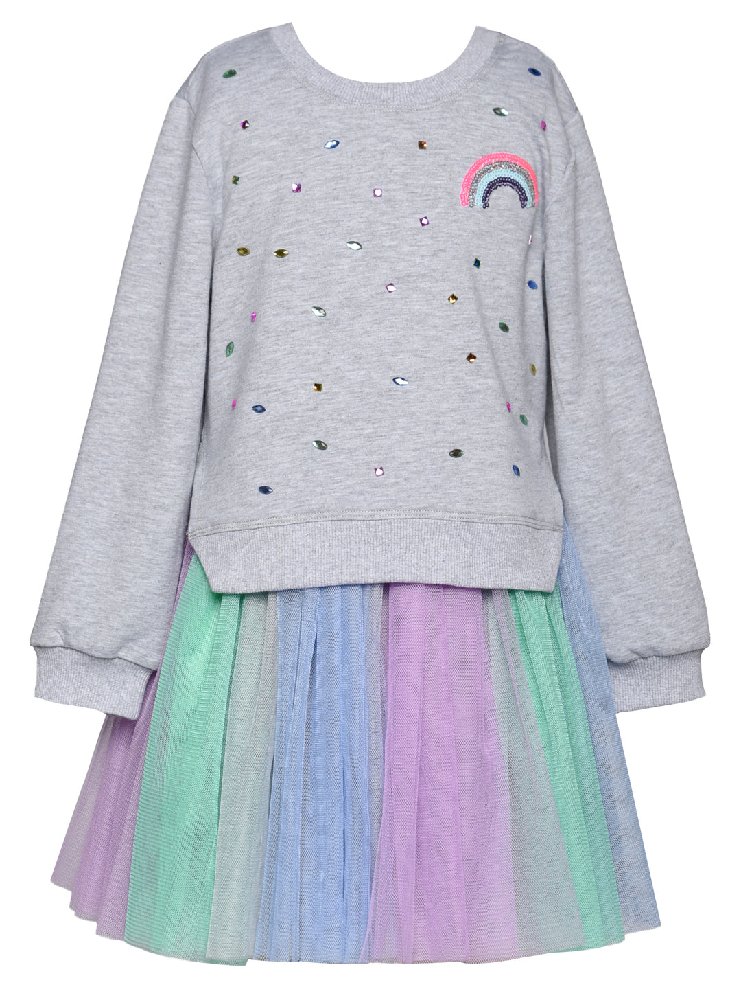 TWOFER MULTI COLOR TUTU DRESS WITH RHINESTONE AND RAINBOW PATCH DETAIL