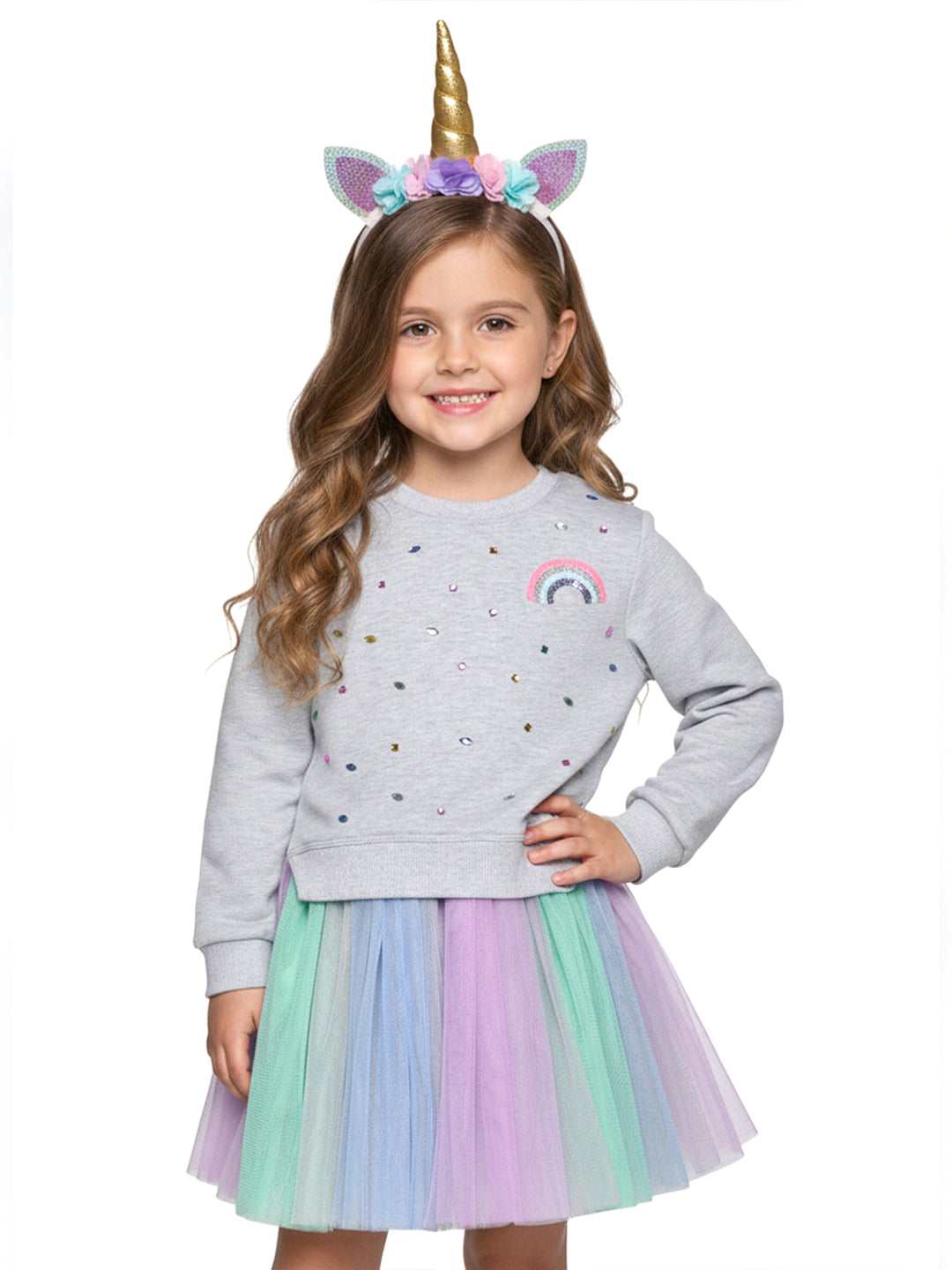 TWOFER MULTI COLOR TUTU DRESS WITH RHINESTONE AND RAINBOW PATCH DETAIL