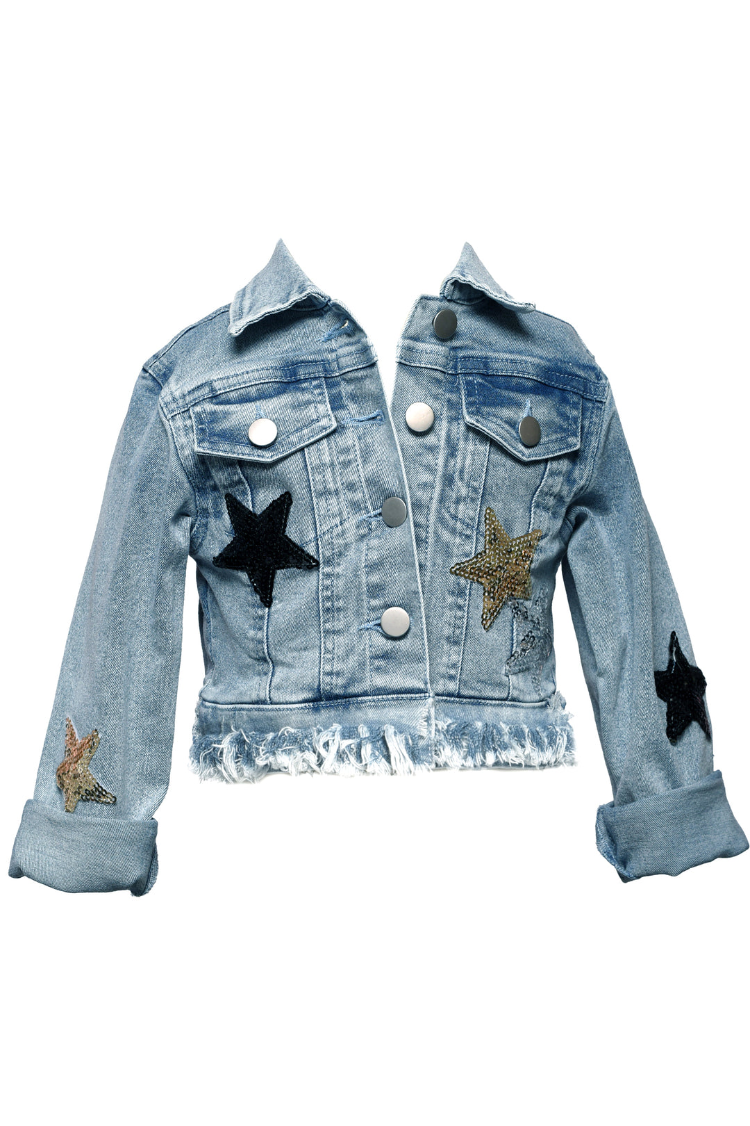 DENIM TRUCKER JACKET WITH STAR PATCH AND FRAYED EDGE