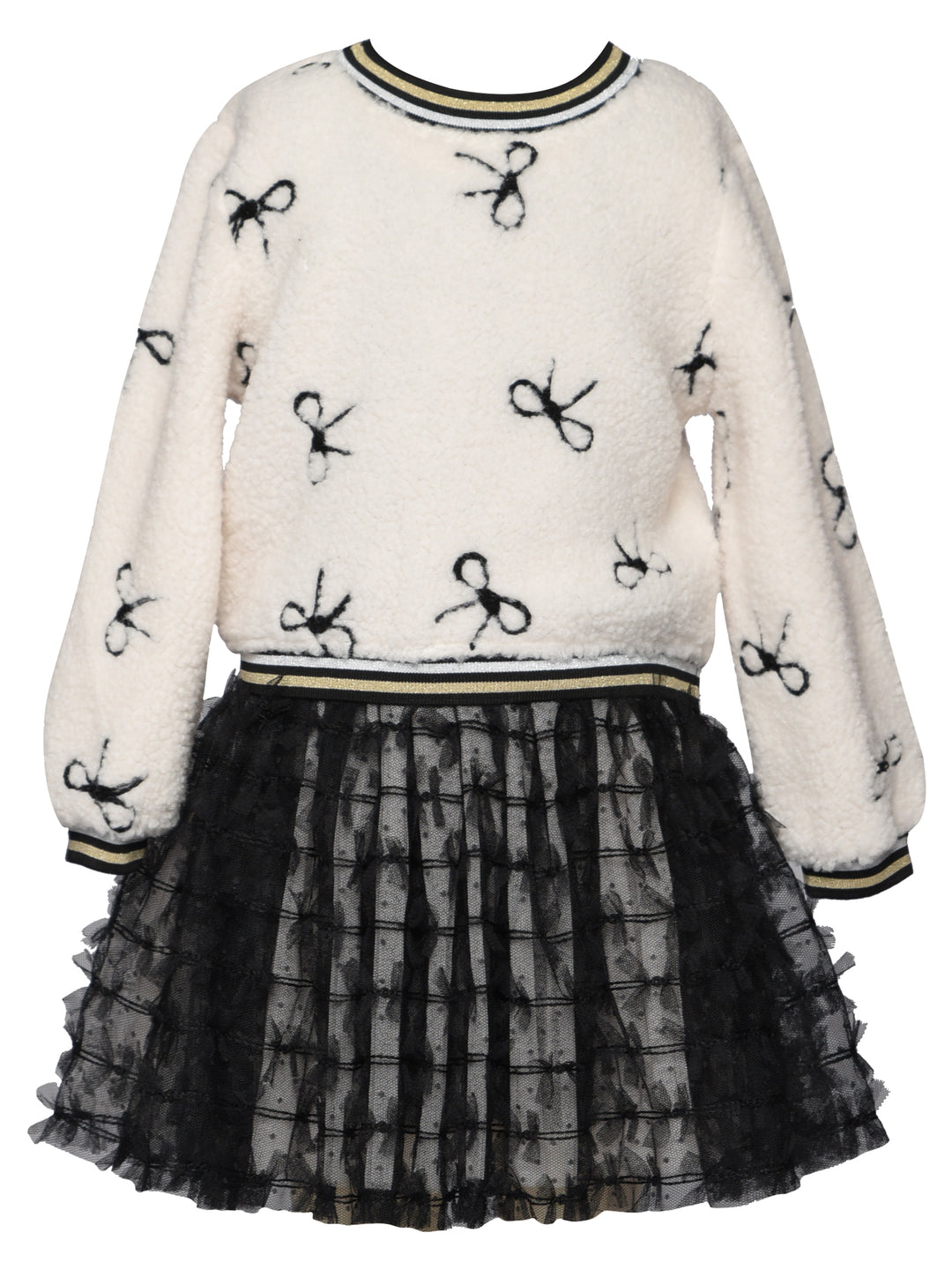 BOW EMBROIDERED SHERPA TWOFER DRESS WITH TUTU SKIRT
