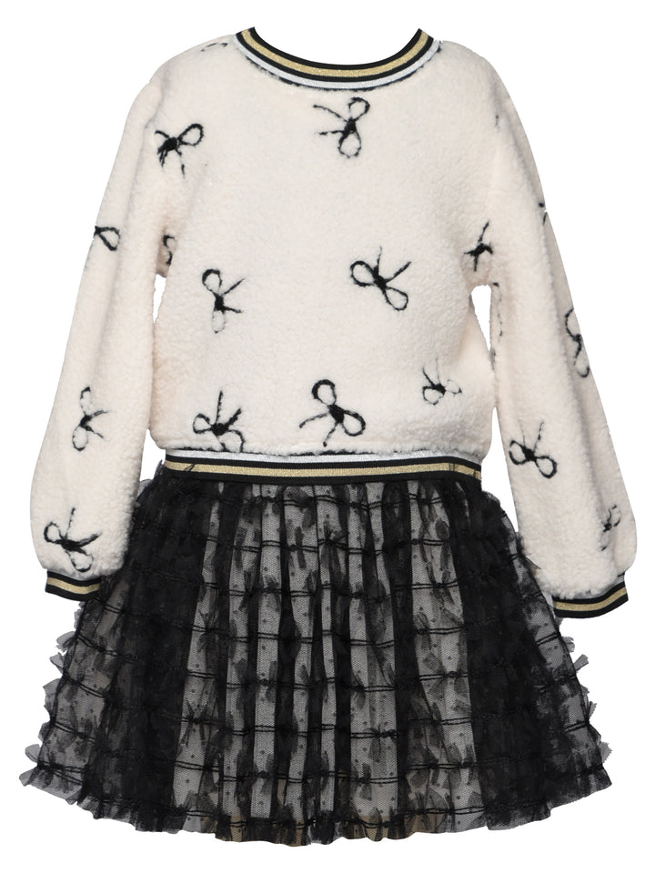 BOW EMBROIDERED SHERPA TWOFER DRESS WITH TUTU SKIRT
