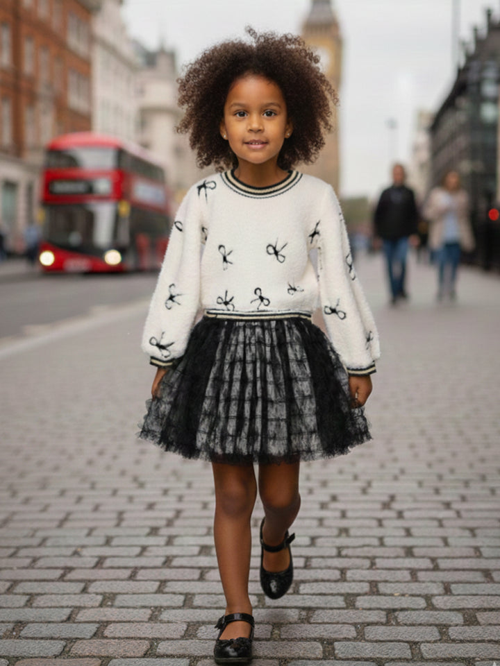 BOW EMBROIDERED SHERPA TWOFER DRESS WITH TUTU SKIRT