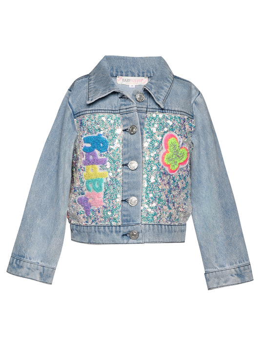 DENIM AND SEQUIN JACKET W/ PATCH TRIMS