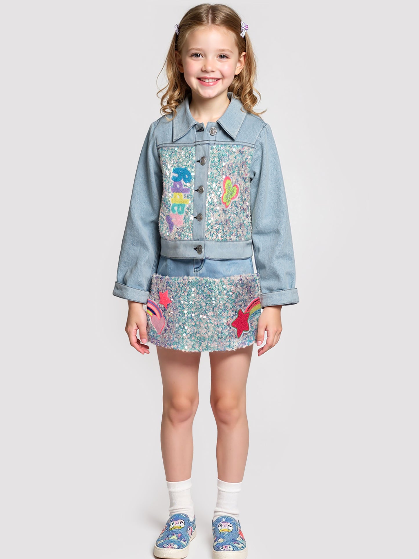 DENIM AND SEQUIN MINI SKIRT W/ PATCH TRIMS