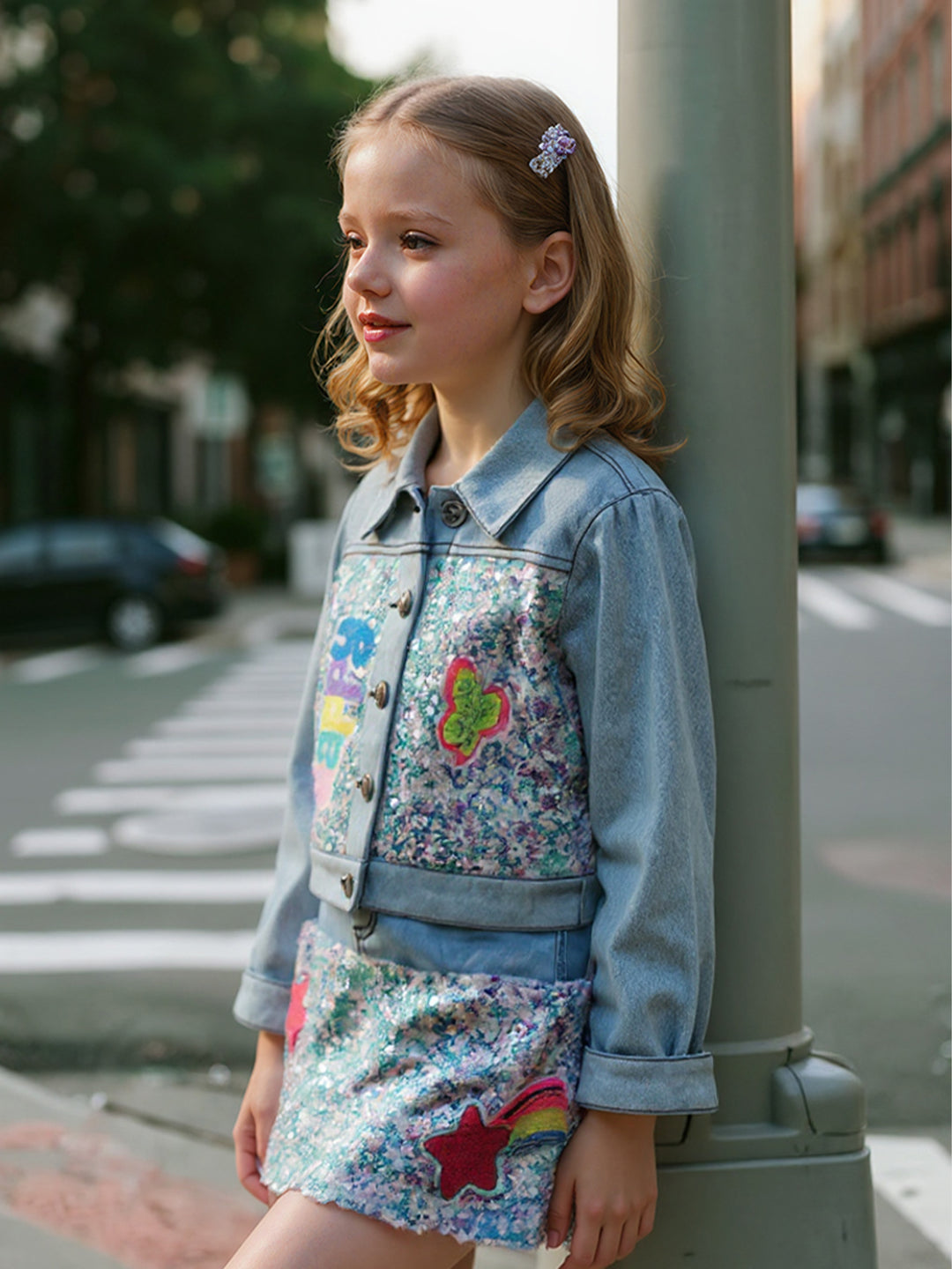 DENIM AND SEQUIN MINI SKIRT W/ PATCH TRIMS