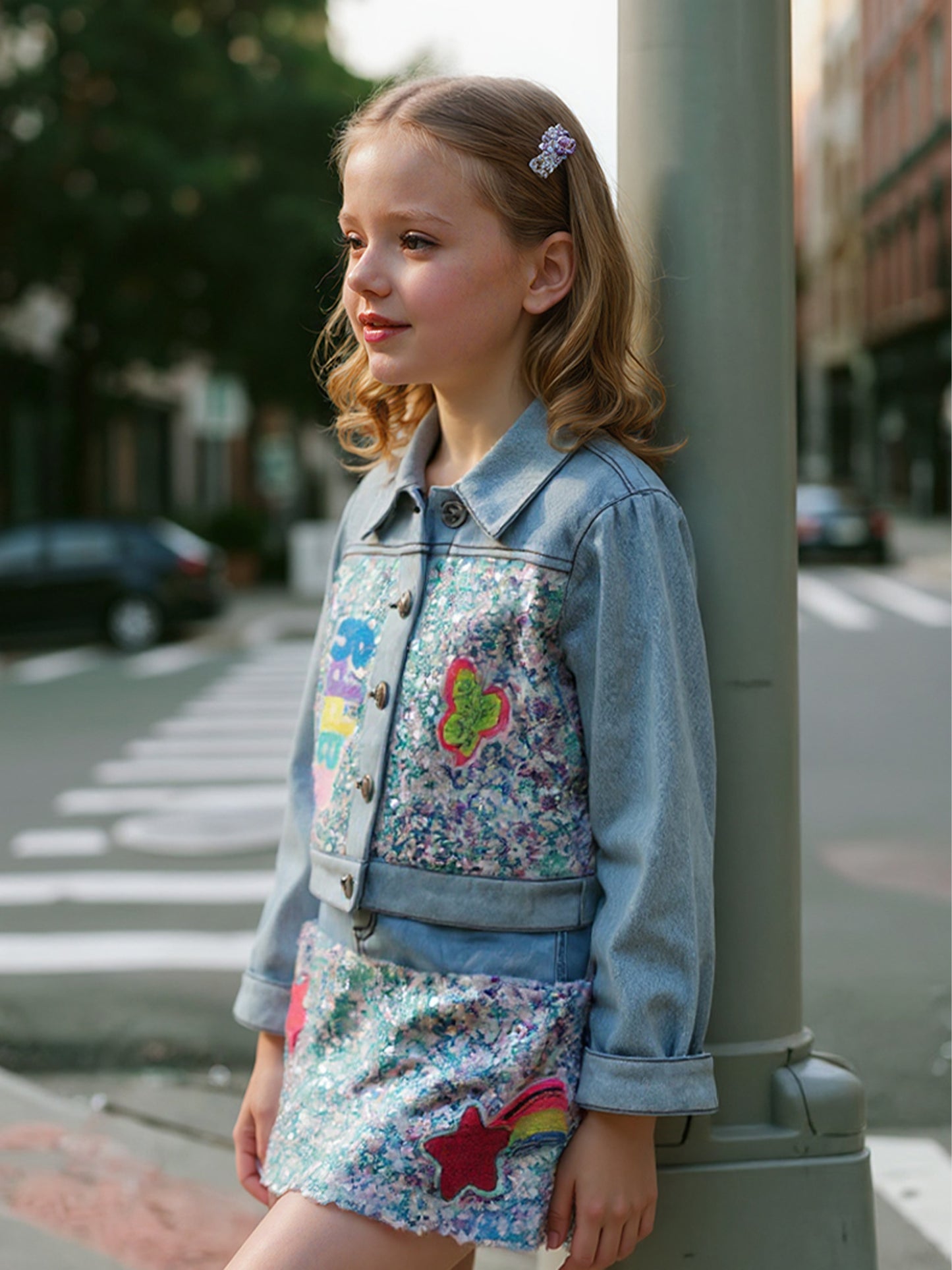 DENIM AND SEQUIN MINI SKIRT W/ PATCH TRIMS