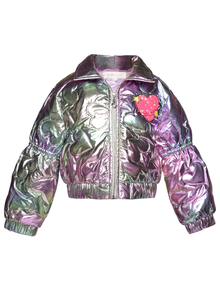 IRIDESCENT PUFFER JACKET WITH SEQUIN PATCH DETAIL