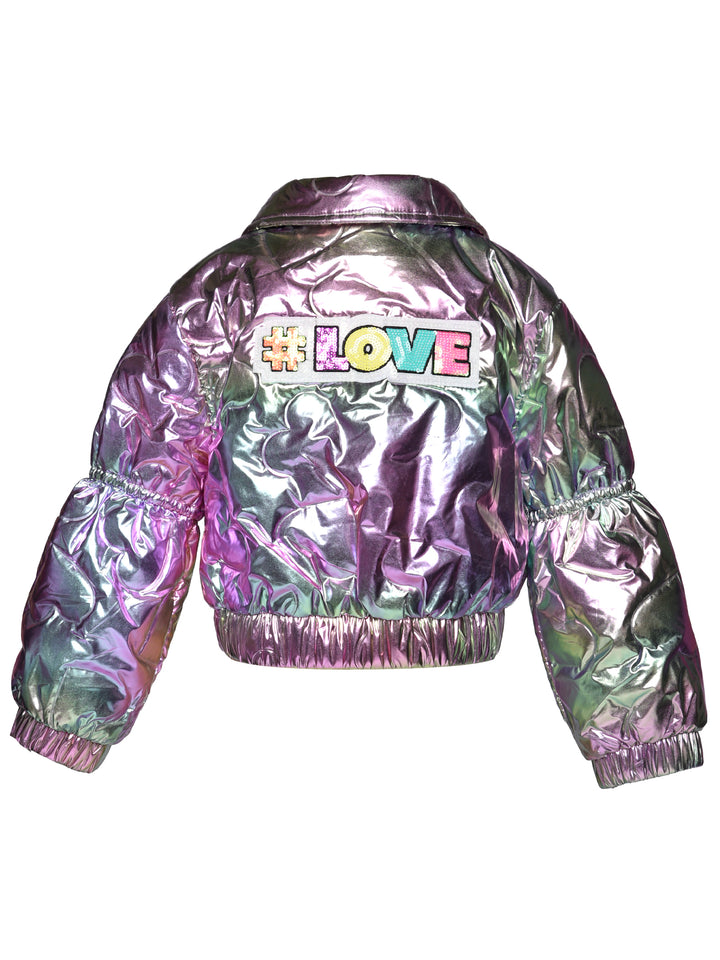 IRIDESCENT PUFFER JACKET WITH SEQUIN PATCH DETAIL