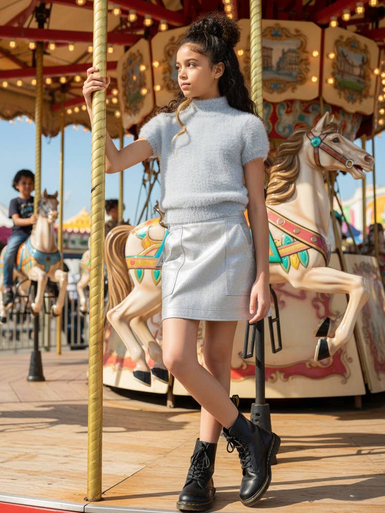 Big l Tween Girl’s Fuzzy Short Sleeve Cutout Top