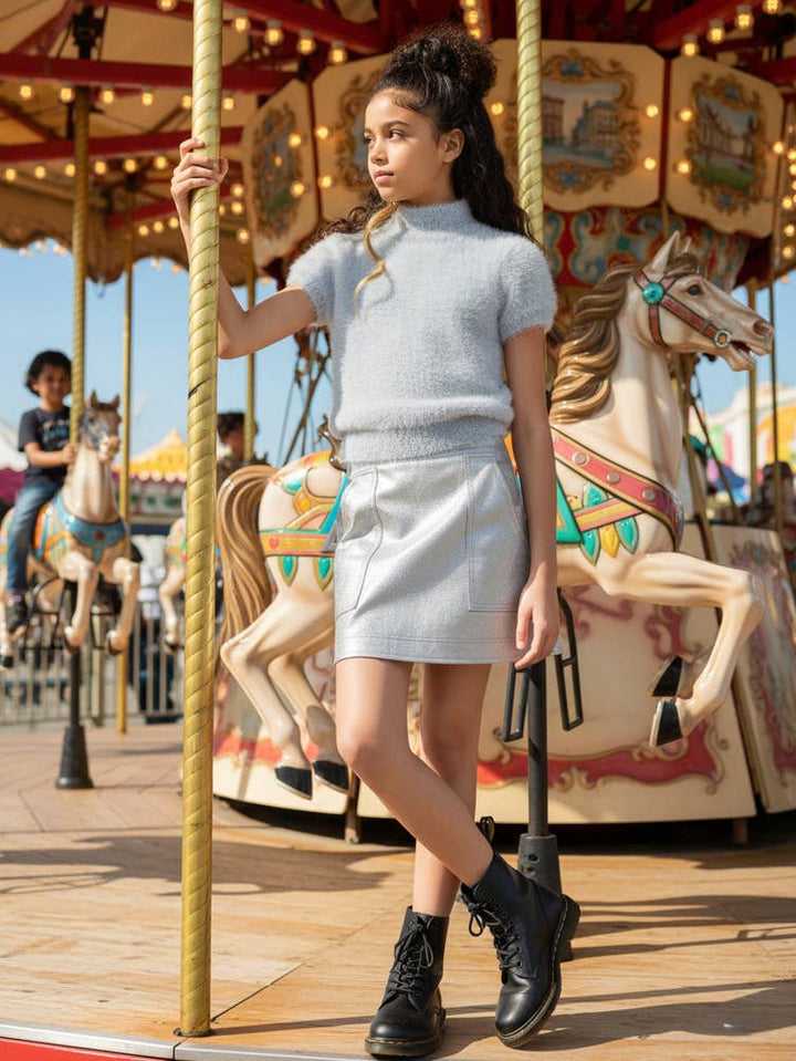 Big l Tween Girl’s Fuzzy Short Sleeve Cutout Top