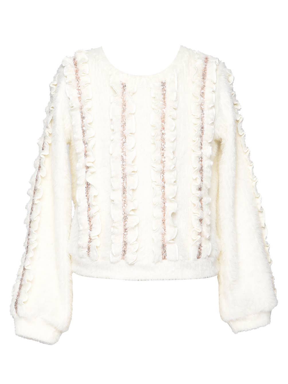Little l Big l Tween Girl’s Fuzzy Sequin Ruffle Pullover Sweater