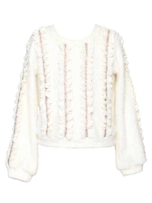 Little l Big l Tween Girl’s Fuzzy Sequin Ruffle Pullover Sweater
