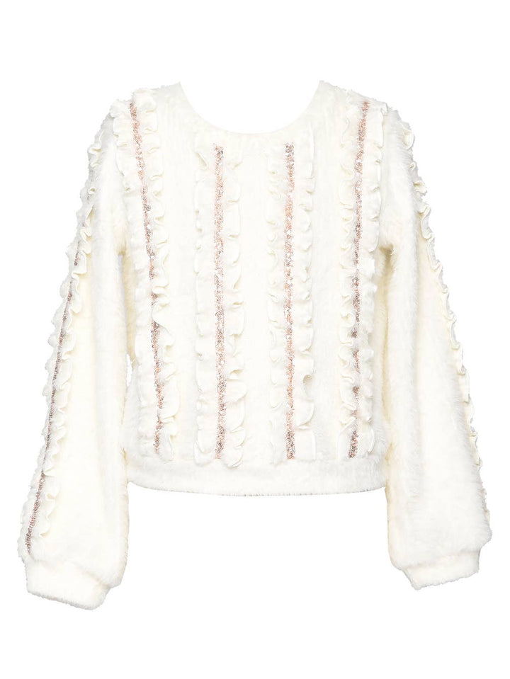 Little l Big l Tween Girl’s Fuzzy Sequin Ruffle Pullover Sweater