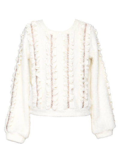 Little l Big l Tween Girl’s Fuzzy Sequin Ruffle Pullover Sweater