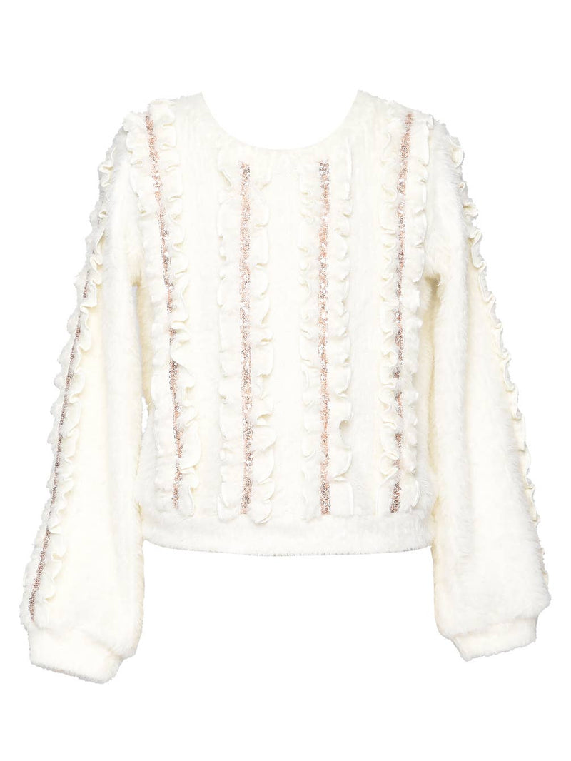 Little l Big l Tween Girl’s Fuzzy Sequin Ruffle Pullover Sweater