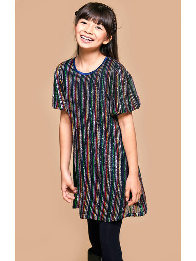 Little l Big Girls All Over Sequin Stripe Puff Sleeve Dress