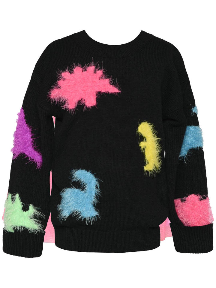 Little Girl’s Neon Rainbow Fuzzy Dino Pullover