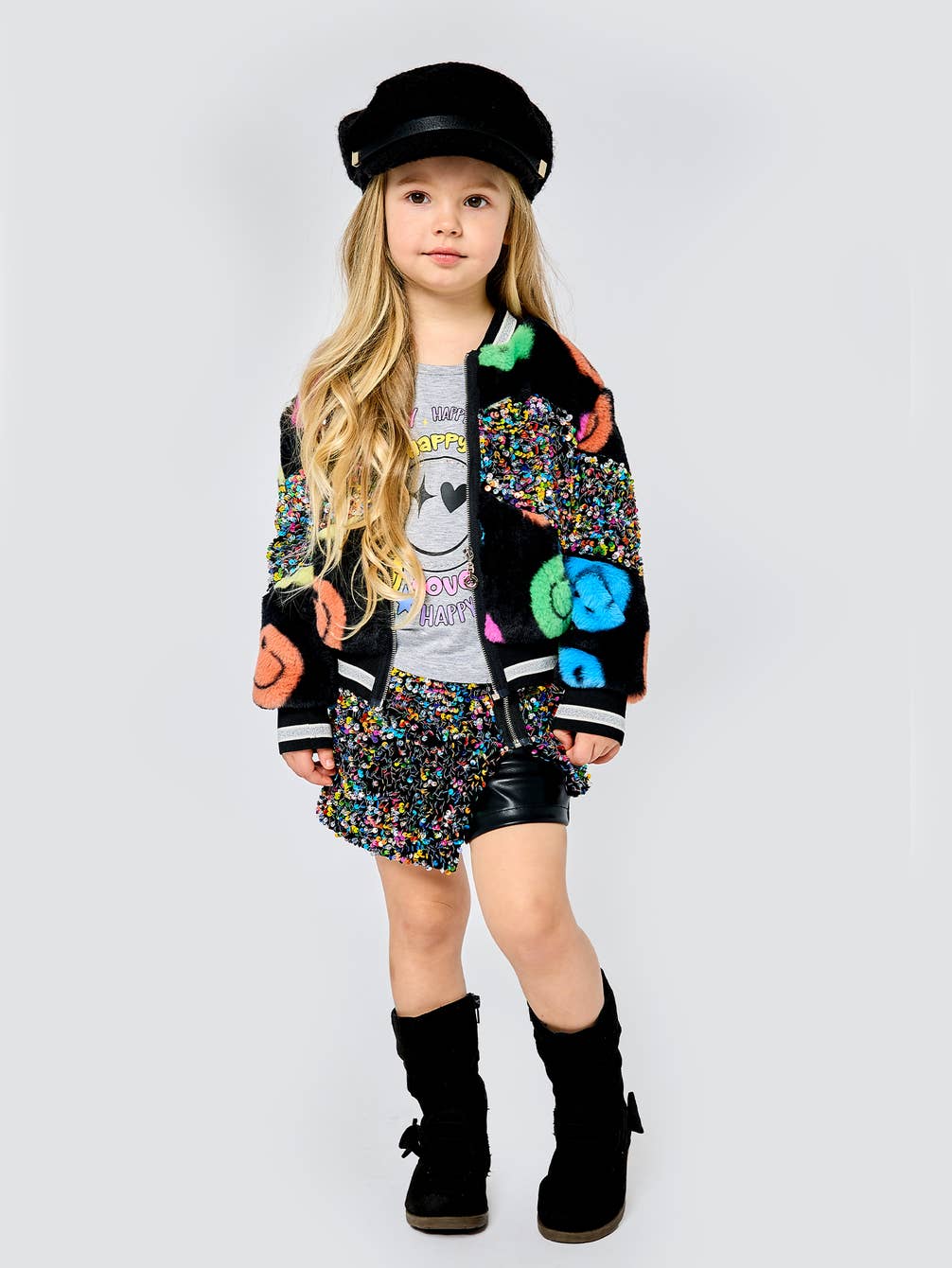 Infant l Toddler l Little l Big Girl’s Rainbow Happy Emoji Sequin Bomber Jacket