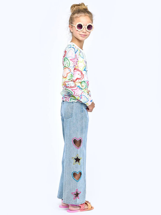 Little l Big l Tween Wide Leg Heart & Star Rhinestone Flared Jeans