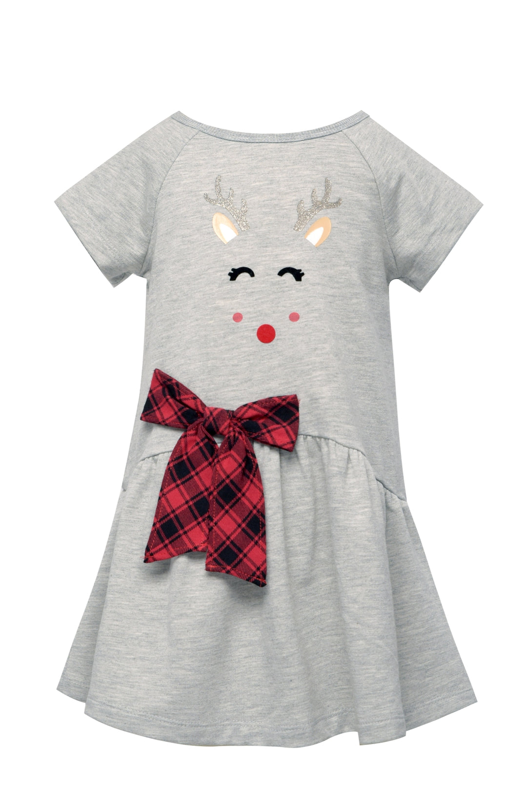 Toddler l Little Girls Dropped Waist Plaid Bow Reindeer Dress