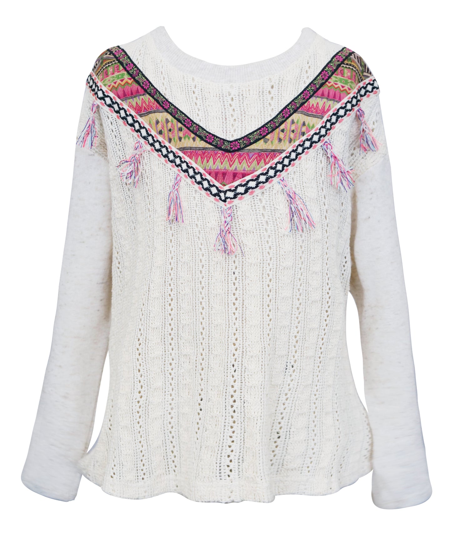 SWEATER TOP WITH  TASSELS & FAUX SUEDE DETAIL