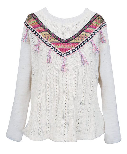 SWEATER TOP WITH  TASSELS & FAUX SUEDE DETAIL