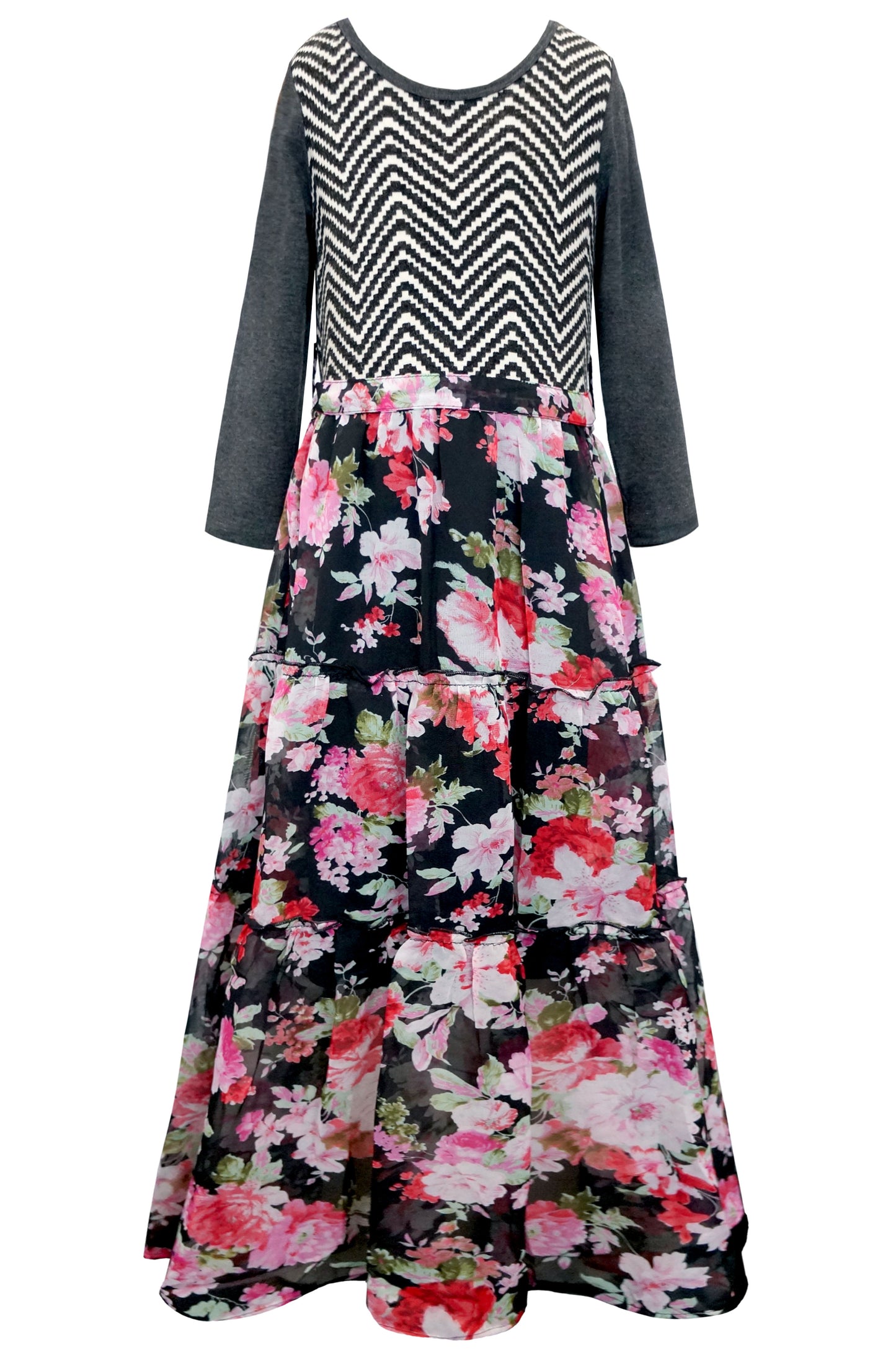 Big Girls Long Sleeve Floral Print Boho Maxi Dress
