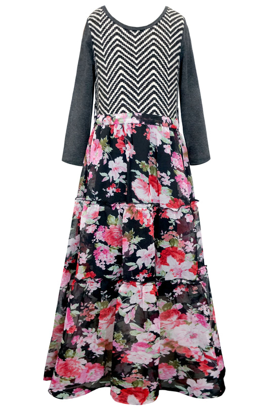 Big Girls Long Sleeve Floral Print Boho Maxi Dress