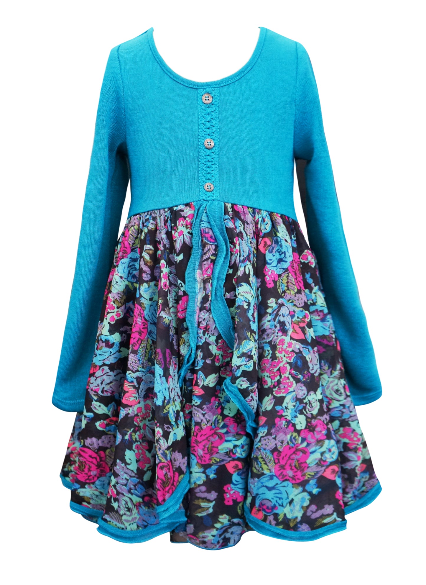 Big Girls Long Sleeve Floral Print Mini Dress