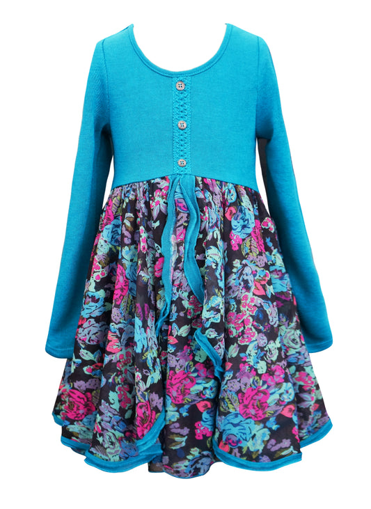 Big Girls Long Sleeve Floral Print Mini Dress
