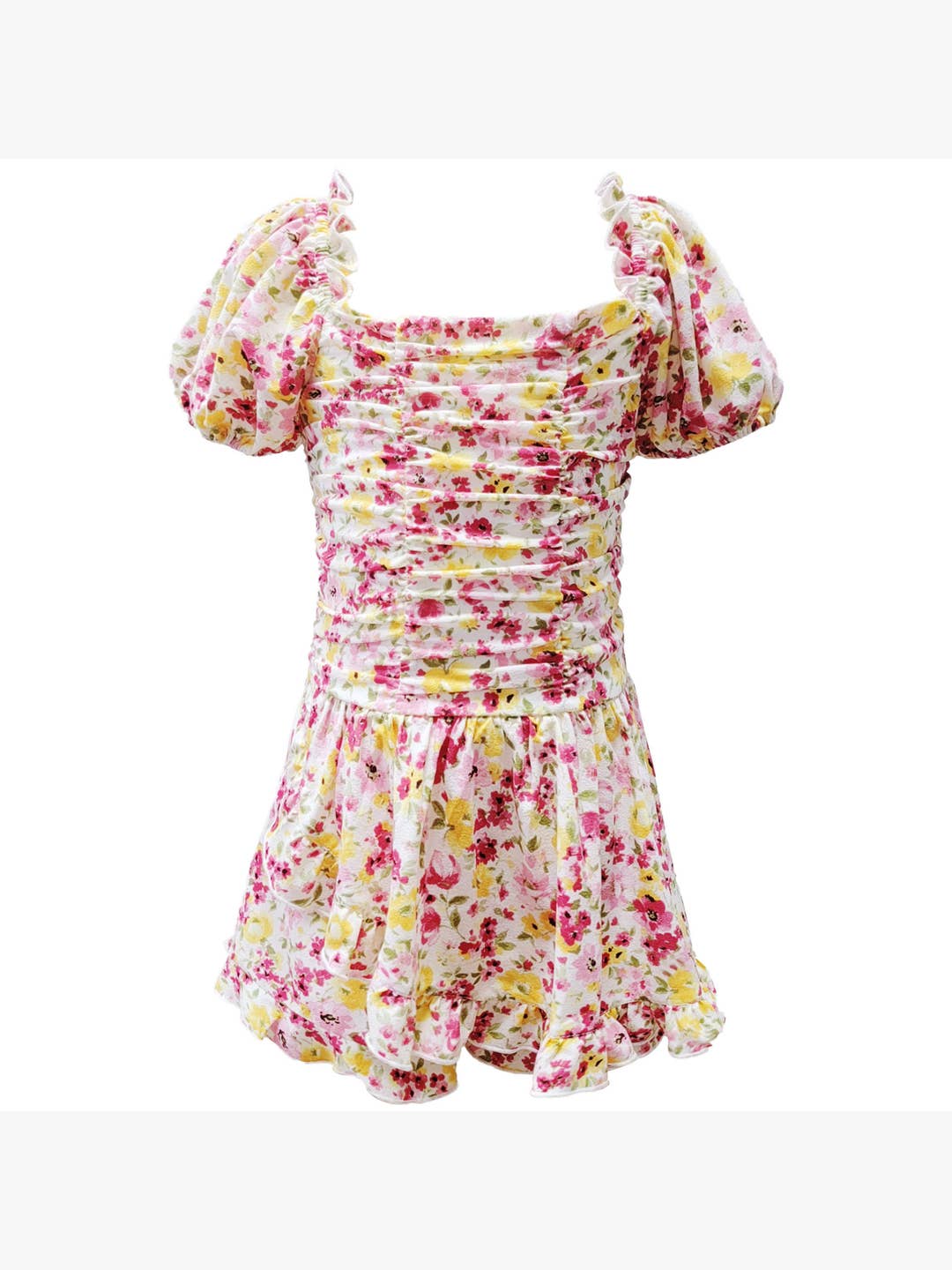 Little l Big l Tween Girls Ditsy Watercolor Floral Ruched Romper