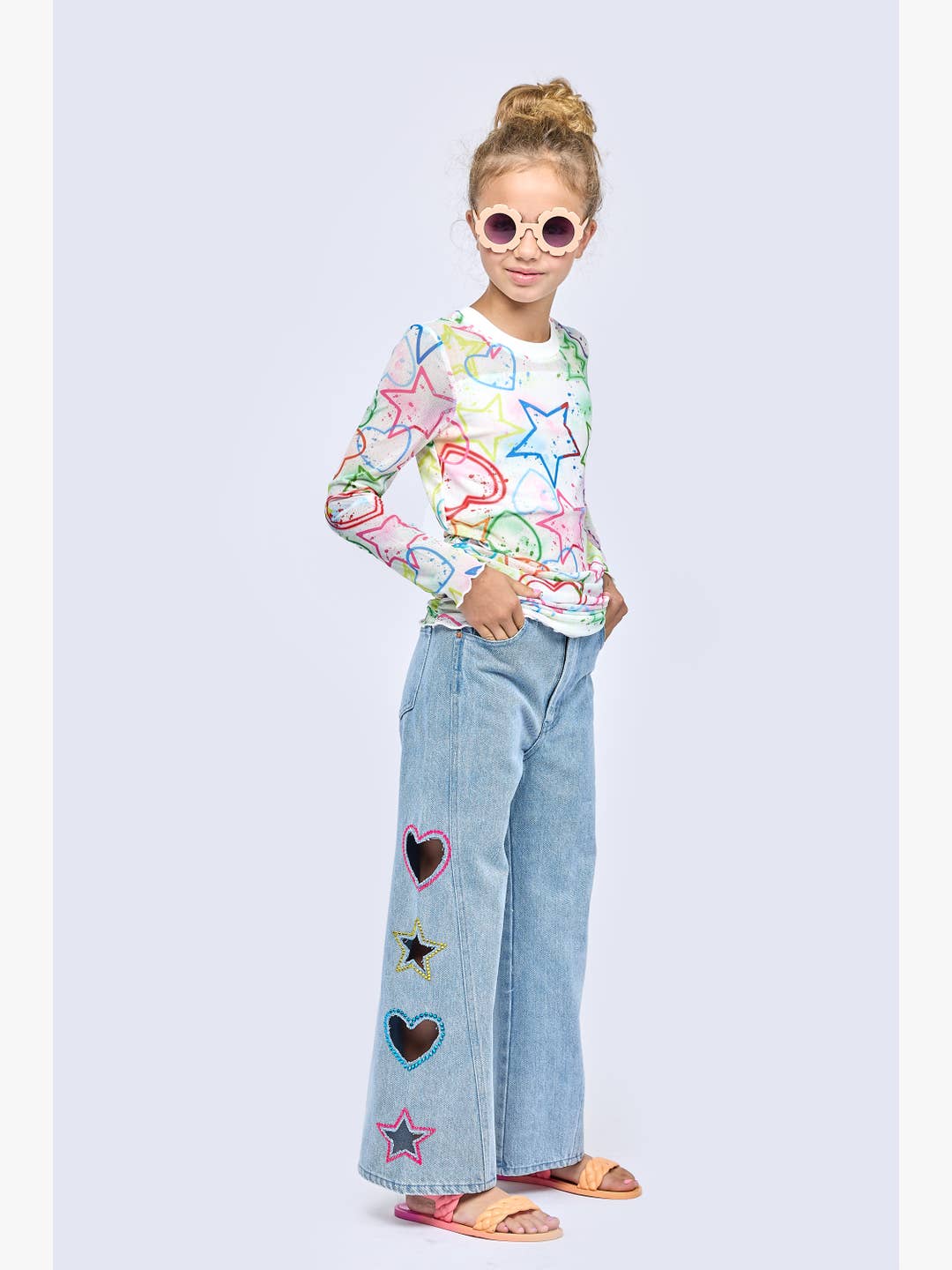 Little l Big l Tween Wide Leg Heart & Star Rhinestone Flared Jeans
