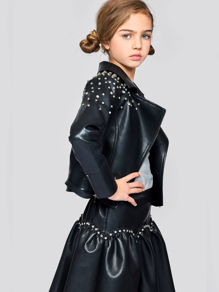 Little l Tween Girl’s Vegan Leather Rhinestone Moto Jacket