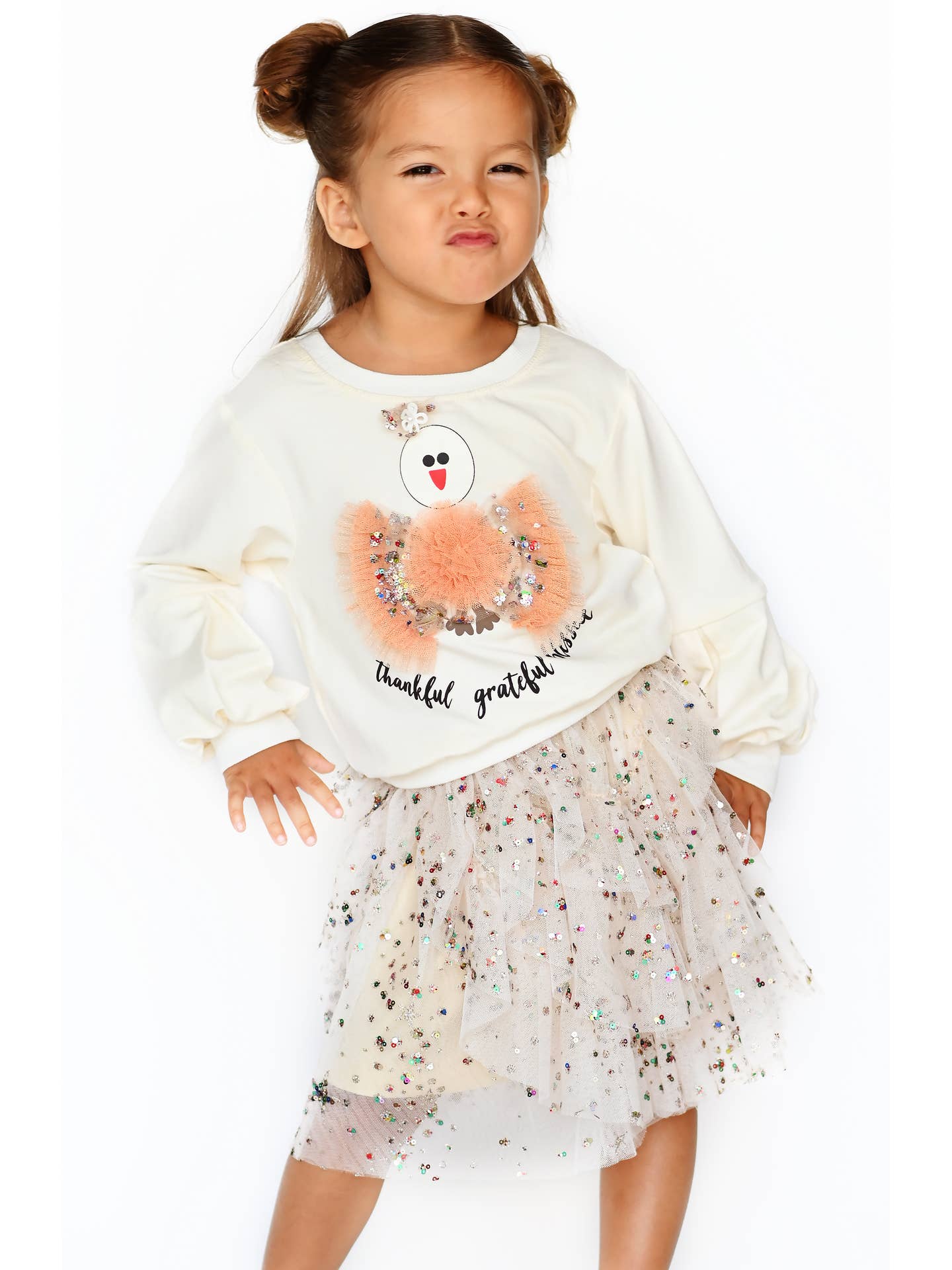 Toddler l Little Girl’s Mesh Sequin Turkey Crewneck Pullover