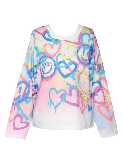 Little l Tween Girl’s Heart Happy Face Colorful Pullover