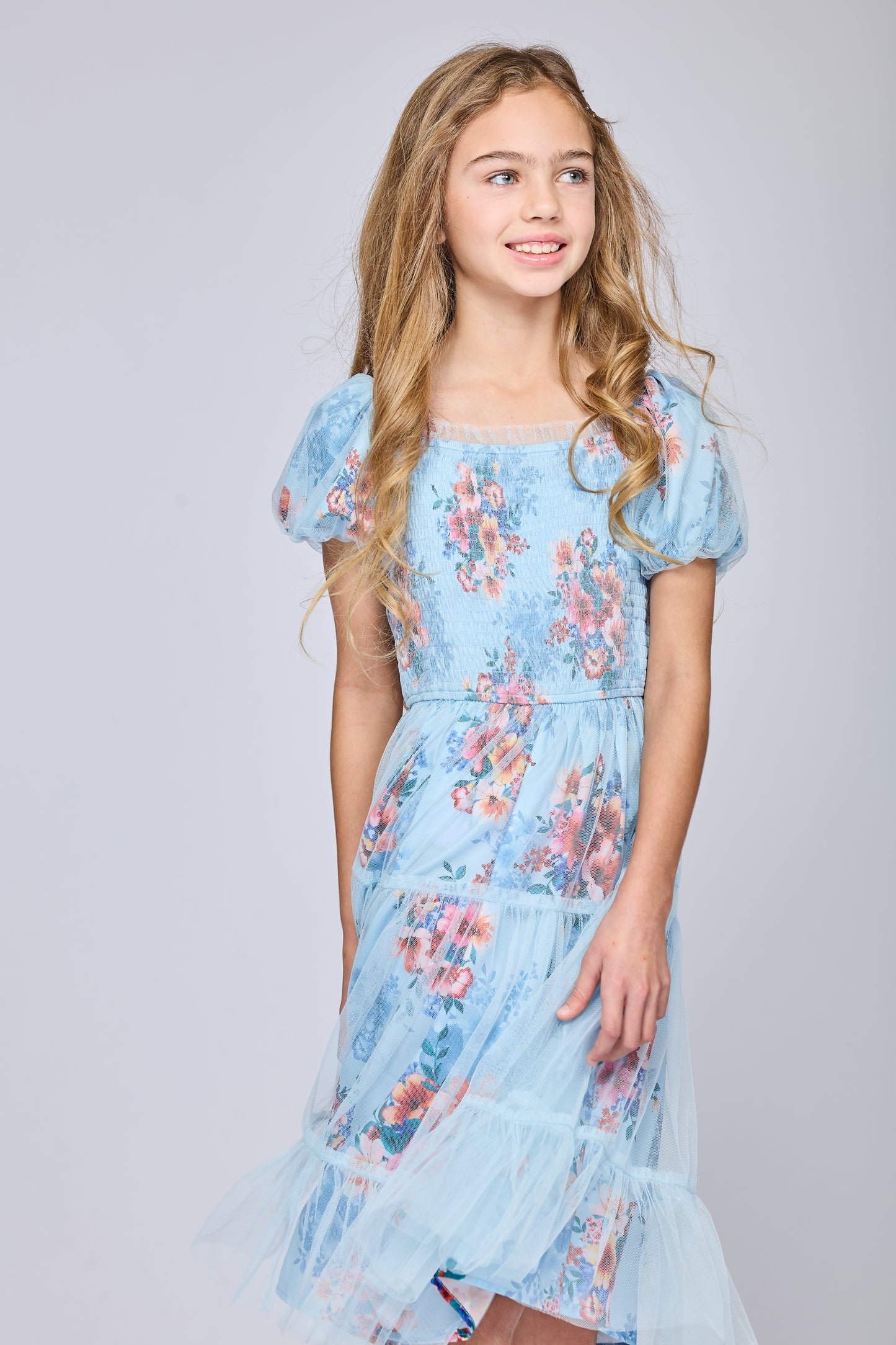 PRINT DRESS WITH MESH OVERLAY